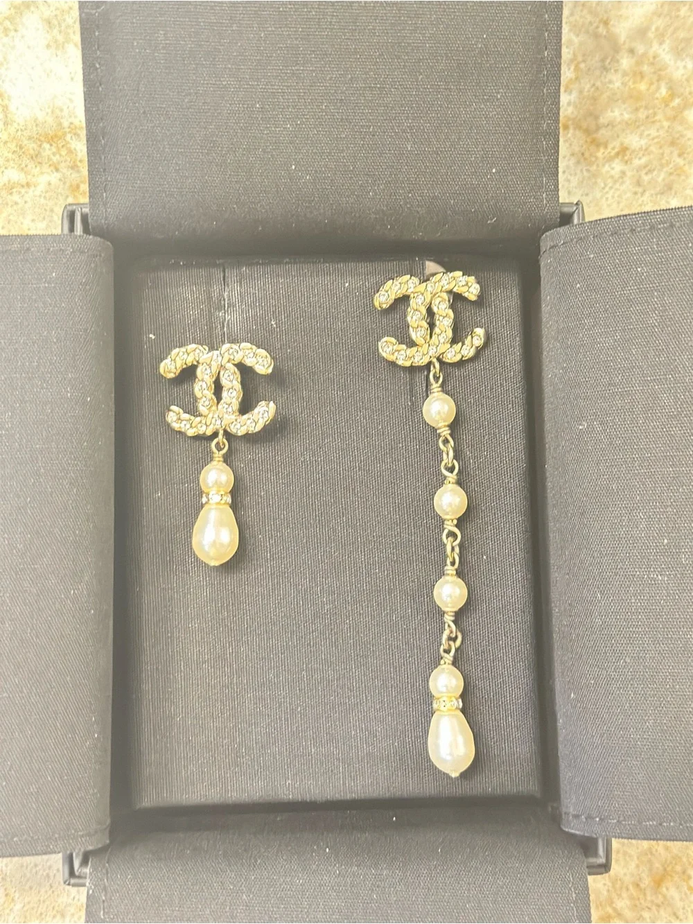 CHANEL Gold-Tone Pearl Drop Asymmetric CC Logo Earrings
